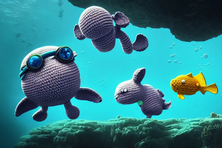 Prompt: an expedition of crochet scuba divers discovering a new animal underwater. cute, illustration, digital art, inspired by little big planet, by greg rutkowski, sharp, masterpiece, highly detailed, photorealistic, octane render, 8 k, unreal engine 5, trending on artstation, vivid colors