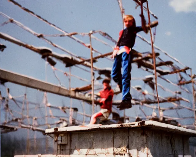 Image similar to lomo photo of roofjumpers climbing on roof of soviet hrushevka, small town, cinestill, bokeh, out of focus