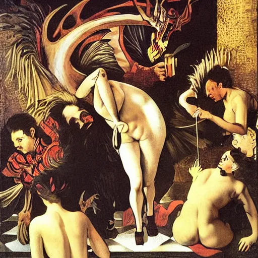 Image similar to A beautiful illustration of a large, dragon-like creature with sharp teeth, talons, and a long tail. The creature is looming over a small group of people who appear to be in distress. Moulin Rouge! by Caravaggio, by Gerhard Munthe frightful