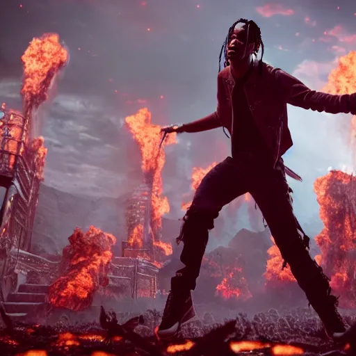 Image similar to a cinematic still of travis scott concert in hell, multiverse, ((octane render, nvidia raytracing demo)), masterpiece