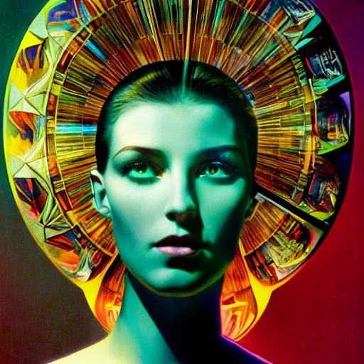 Image similar to extremely beautiful futuristic super schizophrenic psychotic prismatic superhuman, lush detail, national geographic, steichen, herb ritts, roger deakins, anne leibovitz, alphonse mucha, art deco, sharp focus, hyperrealism, greg rutkowski, psychosis, beautiful psychotic radiant madwoman, super schizophrenic superhuman, beeple, volumetric light