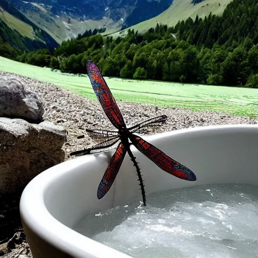 Prompt: dragonfly in a bathtub in the alps, big goat!!!!!!! in the background