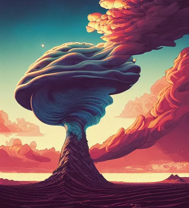 Image similar to a giant 🌊 swirling in the sky above a barren 🏜 by ivan shishkin and zacharias aagaard and simon stalenhag and dan mumford and josan gonzalez, surrealism, chiaroscuro, hyper detailed, high saturation, retrowave