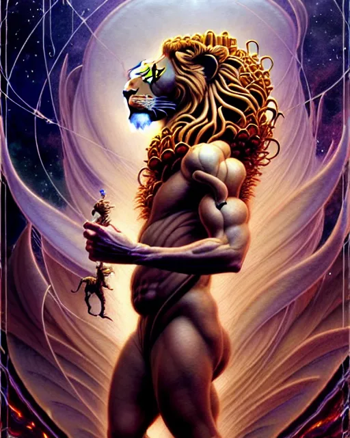 Prompt: a person and a lion tarot card, fantasy character portrait made of fractals, ultra realistic, wide angle, intricate details, the fifth element artifacts, highly detailed by peter mohrbacher, hajime sorayama, wayne barlowe, boris vallejo, aaron horkey, gaston bussiere, craig mullins