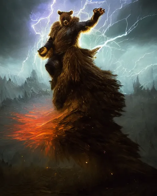 Image similar to oil painting of Anthropomorphized Bear Sorcerer casting spell, magical runes flying, wearing fur cloak, sharp focus, lightning storm background, magical aura, evil, heroic pose, fantasy style, octane render, volumetric lighting, 8k high definition, by greg rutkowski, highly detailed, trending on art Station, magic the gathering artwork, Thunderstorm background, centered, dramatic artwork