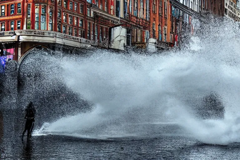 Image similar to water tornado in the city, ultra realistic, photorealistic, highly detailed, sharp focus, vivid, colorful