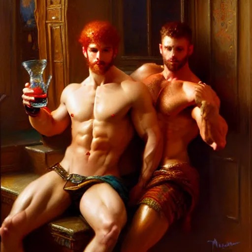 Prompt: attractive muscular mike with ginger hair with attractive tyler with brunet hair, drinking their hearts out, in their noble mansion. highly defined painting, highly detailed painting by gaston bussiere, craig mullins 8 k