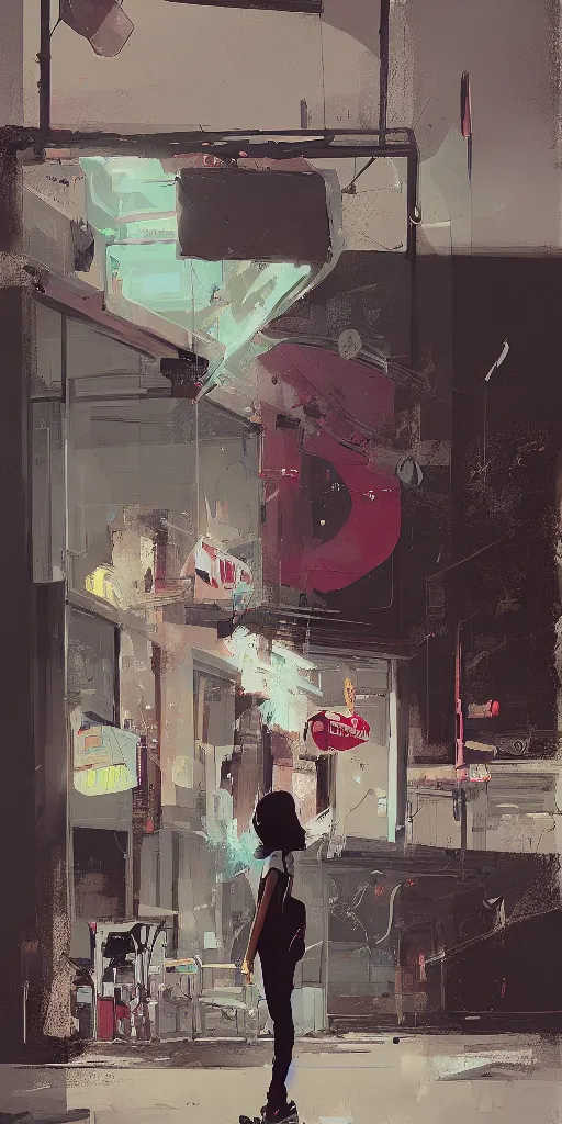 Image similar to a stylish woman standing in front of a convenience store by Ismail Inceoglu