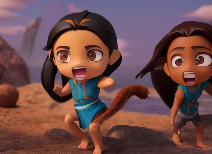 Prompt: katara from avatar as nendoroid is summoning a giant wave, in the croods movie style, anime, disney, pixar, 8 k, hd, dof, kodak film, volumetric lighting, subsurface scattering, photorealistic, octane render, details