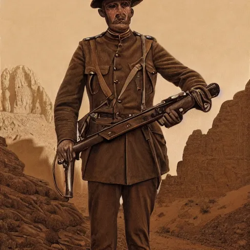 Prompt: a detailed photorealistic sepia - toned color portrait painting of a 1 9 1 7 worried clean - shaven british lieutenant in detailed field gear wearing a finely - detailed pith helmet in wadi rum, ultra realistic, intricate details, atmospheric, dark, horror, brooding, highly detailed, by clyde caldwell