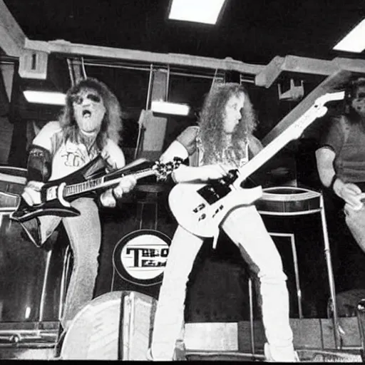 Prompt: vintage photo of Metallica performing at a Taco Bell, 1993