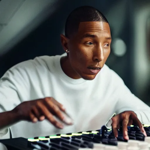 Image similar to cinematic sci-fi film still of Pharrell Williams Making A Beat with alien intelligence, Japanese VFX, 2018, 400mm lens, f1.8, shallow depth of field,film photography