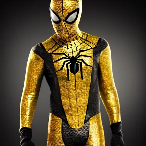 Image similar to gold spider - man suit with black web lining, cinematic, volumetric lighting, realistic, hyperdetailed, photorealistic, photograph