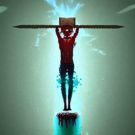 Image similar to voxel painting by greg rutkowski of a drowned zombie holding a trident with glowing cyan eyes, wearing ragged clothing, holding a trident, underwater, pastel green and blue color palette