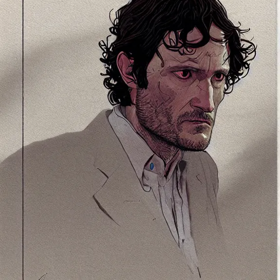 Image similar to will graham, hannibal, red, dark, by jean giraud, golden ratio, environment, hyper detail, concept artbook