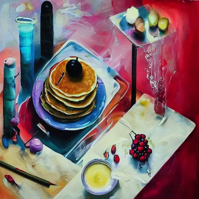 Image similar to “ sensual, neo - expressionism, surrealism, a portrait in a female art student ’ s apartment, pancakes, iced latte, berries, art supplies, a candle dripping white wax, berry juice drips, acrylic and spray paint and oilstick on canvas ”