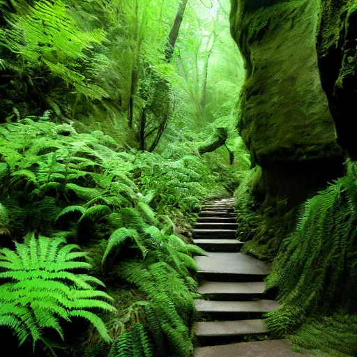 Image similar to fern canyon gorge in oregon, stone stairway, overgrown lush plants, atmospheric, cinematic, by studio ghibli,