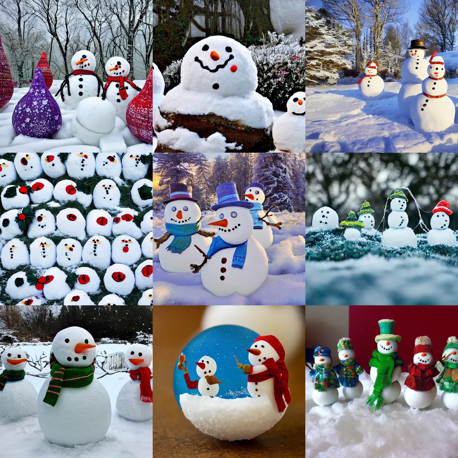 Prompt: a small world sphere photo of snowmen