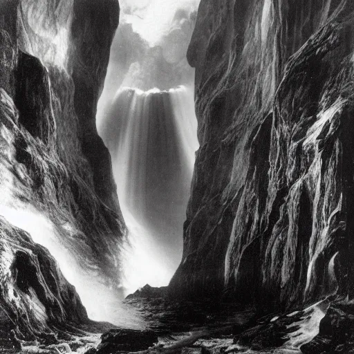 Prompt: dark and moody photo by ansel adams and peder balke, a woman in an extremely long dress made out of waterfalls