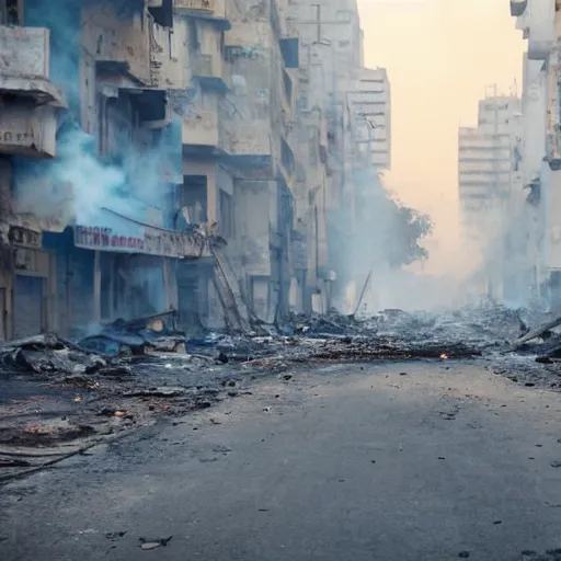Prompt: a Film still of Karachi streets abandoned, on fire, dramatic, 4k, in the new Christopher Nolan movie