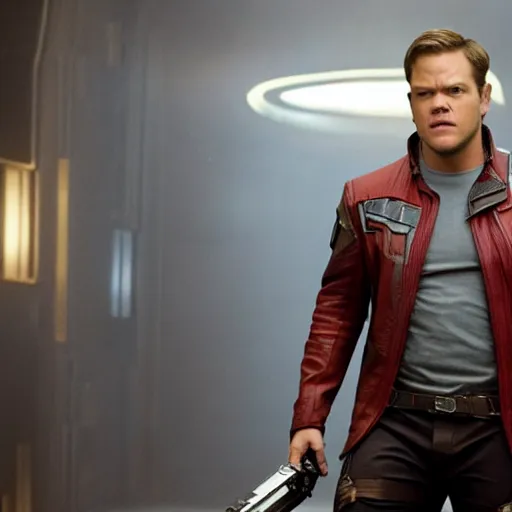 Image similar to film still of Matt Damon as Star Lord in Guardians of the galaxy