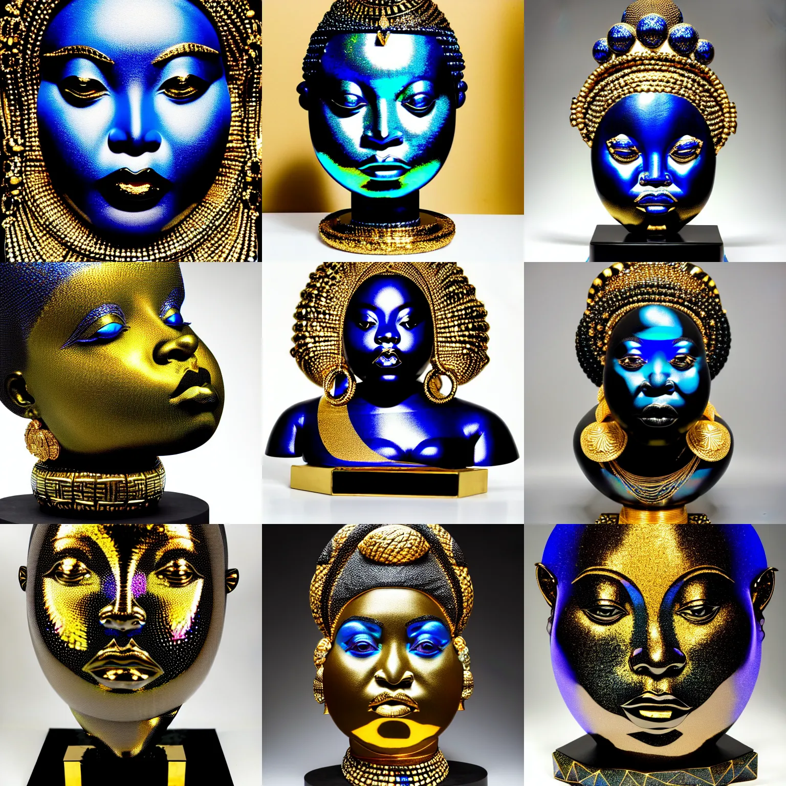 Prompt: intricate holographic sculpture of futuristic chubby angry african empress, stone and glass and gold, high contrast, blue and black, masterpiece