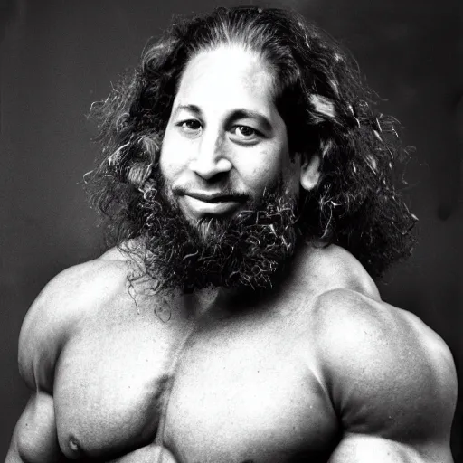 Prompt: photograph of richard stallman as a professional bodybuilder, happy facial expression, black and white photograph, 3 5 mm