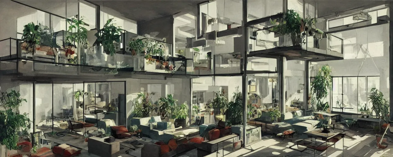 Prompt: interior of a loft, living room with split levels, mezzanine, plants and patio, 1970 furniture, bauhaus, concept art by theo prins