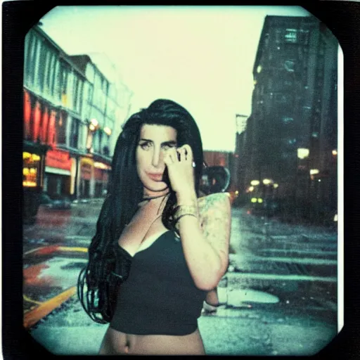 Image similar to a polaroid of amy winehouse in the east village at night, raining!