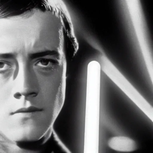 Prompt: film still of young alec guiness as a jedi in new star wars movie, dramatic lighting, highley detailled face, kodak film