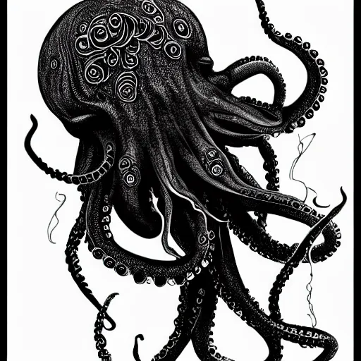 Image similar to black ink on paper, alien octopus, trending on artstation, beautiful, intricate, detailed