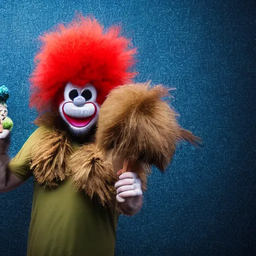 Prompt: portrait photo of a shaggy bigfoot clown holding a tiny godzilla in his cupped hands, professional studio photography, 8 k