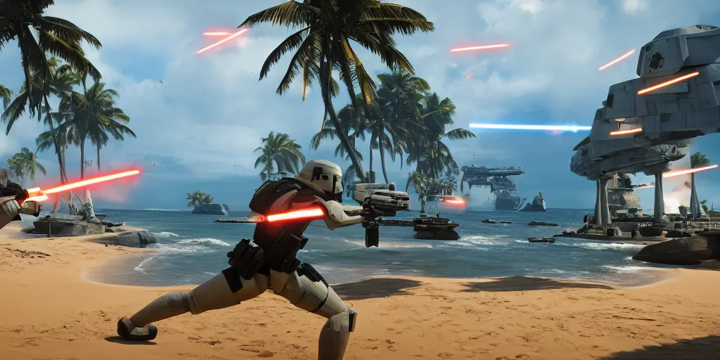 Image similar to screenshot of shore trooper, on scarif, ea star wars battlefront 2015, shooting lazers, highly detailed