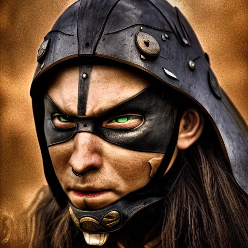 Image similar to portrait of a male warrior with split face mask,fantasy, D&D, HDR, natural light, dynamic pose, award winning photograph, 8k, Mucha style,