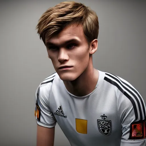 Image similar to a realistic detailed photo of a guy who is an attractive humanoid who is half robot and half humanoid, who is a male android, soccer player martin ødegaard, shiny skin, posing like a statue, blank stare, in a bed room, on display