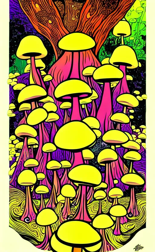 Prompt: psychedelic mushrooms with faces wide angle shot, white background, vector art, illustration by frank frazetta