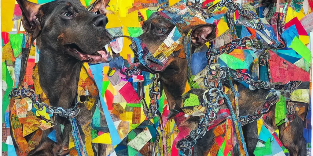 Prompt: mad doberman on a chain, collage, acrylic on canvas, lines with colored pencils, newspaper clippings, expressionism movement, breathtaking detailed, by blake neubert