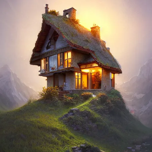 Image similar to small hillside house made of honey and milk, modern lighting, hyper - realistic, hyper - detailed, 8 k, octane rendered, art nouveau, organic, flowing, impossible torsion, writhing, dusk, lush, dynamic, in the style of ross tran and jean baptiste monge