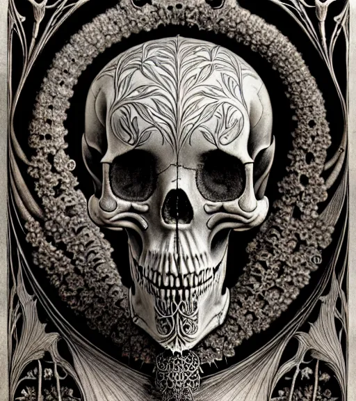 Image similar to art forms of nature by ernst haeckel, memento mori by arthur rackham, ornate antique porcelain beautiful skull mask, ultrasharp, photorealistic, hyperdetailed, octane render, polished, art nouveau, neo - gothic, gothic, intricate ornamental organic filigree, art nouveau botanicals, art forms of nature by ernst haeckel, horizontal symmetry, symbolist, visionary