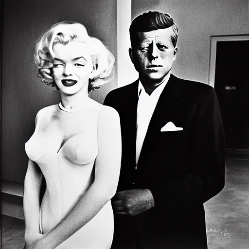 Image similar to damaged photo of marilyn monroe and jfk by diane arbus, black and white, high contrast, soft focus, rolleiflex, 5 5 mm f / 4 lens