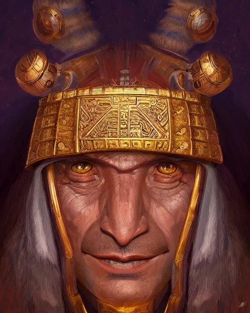 Prompt: digital painting of an incan lord, by filipe pagliuso and justin gerard, symmetric, fantasy, highly detailed, realistic, intricate, portrait, sharp focus, tarot card