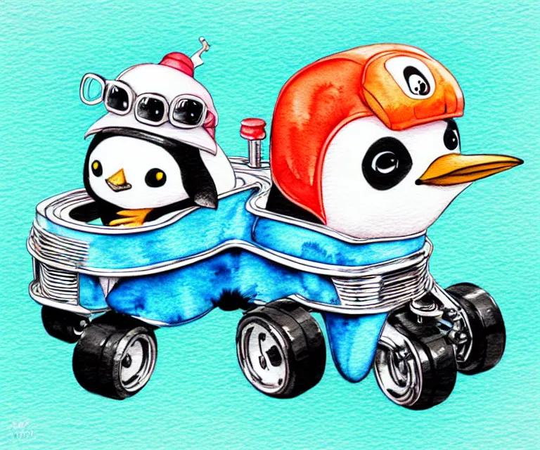 Image similar to cute and funny, penguin riding in a tiny gokart with an oversized engine, ratfink style by ed roth, centered award winning watercolor pen illustration, isometric illustration by chihiro iwasaki, edited by range murata, tiny details by artgerm and watercolor girl, symmetrically isometrically centered, sharply focused