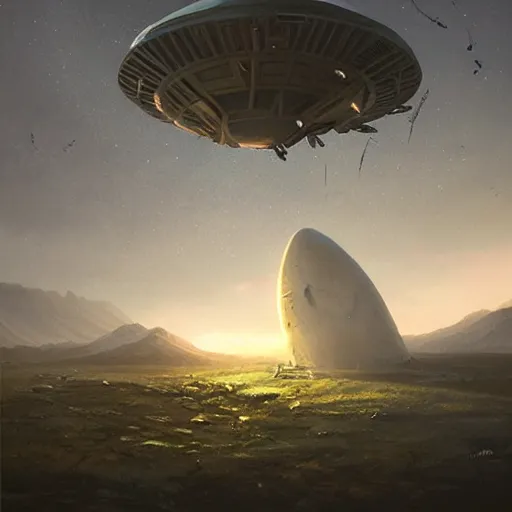 Image similar to crashed ufo, concept art, art station landscape, greg rutkowski, cinematic lighting hyper realistic painting, dark atmosphere