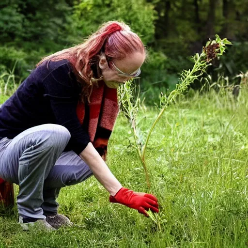 Image similar to a beautiful and mad canadian woman, on her knees, pulling weeds out frantically, some grey hair, stripey pants,