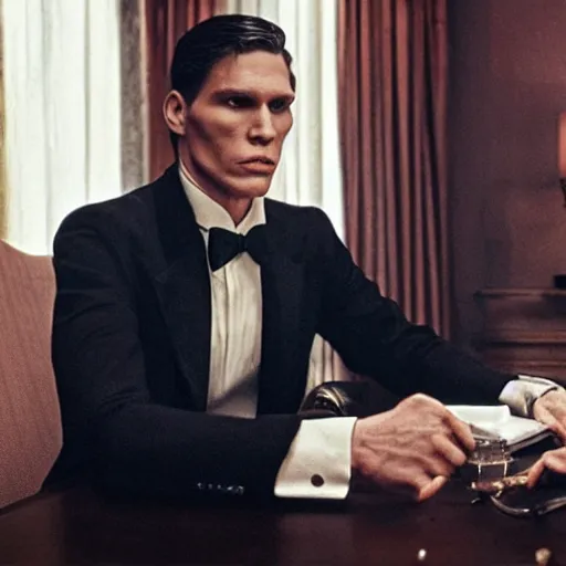 Image similar to Live Action Still of Jerma in The Godfather, real life, hyperrealistic, ultra realistic, realistic, highly detailed, epic, HD quality, 8k resolution, body and headshot, film still