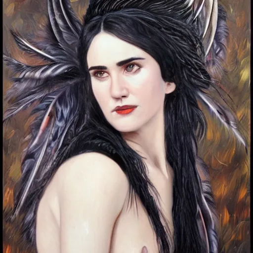 Prompt: detailed realistic oil painting youthful young jennifer connelly with black feathers instead of hair, dark fae, black lips, feathers growing out of skin, feathers growing from arms, black hands with long black claws, pale and sickly, profile view, gothic