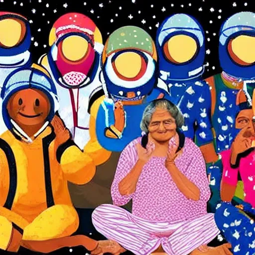 Image similar to indian grandmothers and grandfathers having a pyjama party floating in space wearing spacesuits and helmets