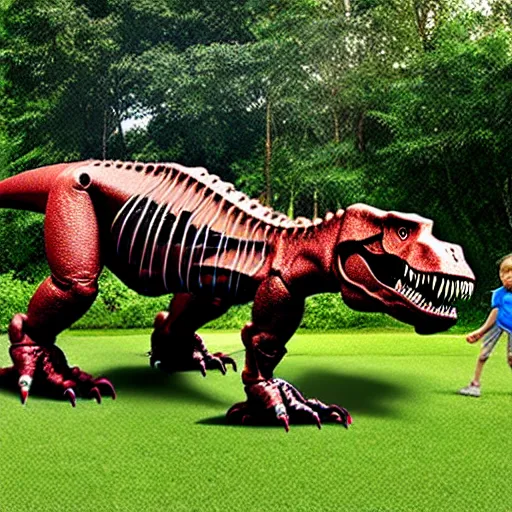 Image similar to a remote controlled giant t-rex being riden by kids, photorealistic, 8K, hyperrealistic