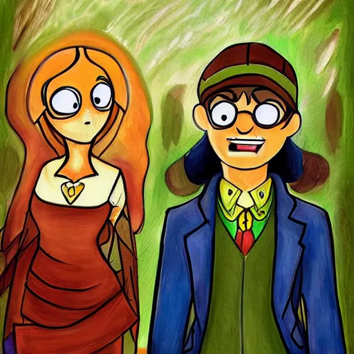 Image similar to beautiful painting, wedding couple as gravity falls, by alex hirsch