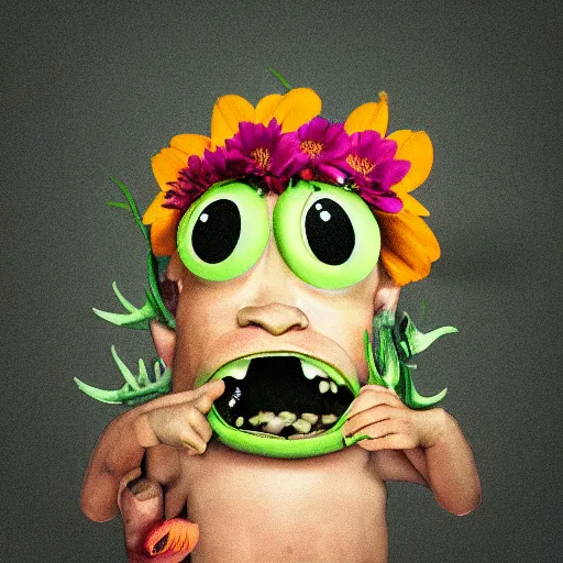 Image similar to the most disgusting monster in the world, holding and smelling a flower